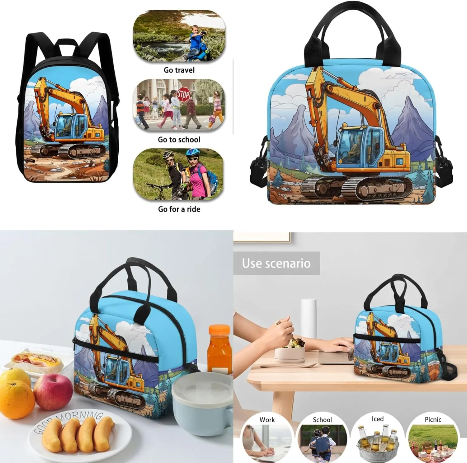 Merkmak Excavator Boys Backpack with Lunxh Box Water Bottle for 3-7 Years Kids School Bag for Elementary Children 17 Inch Bookbag 3 Pcs Set for Child School Supplies