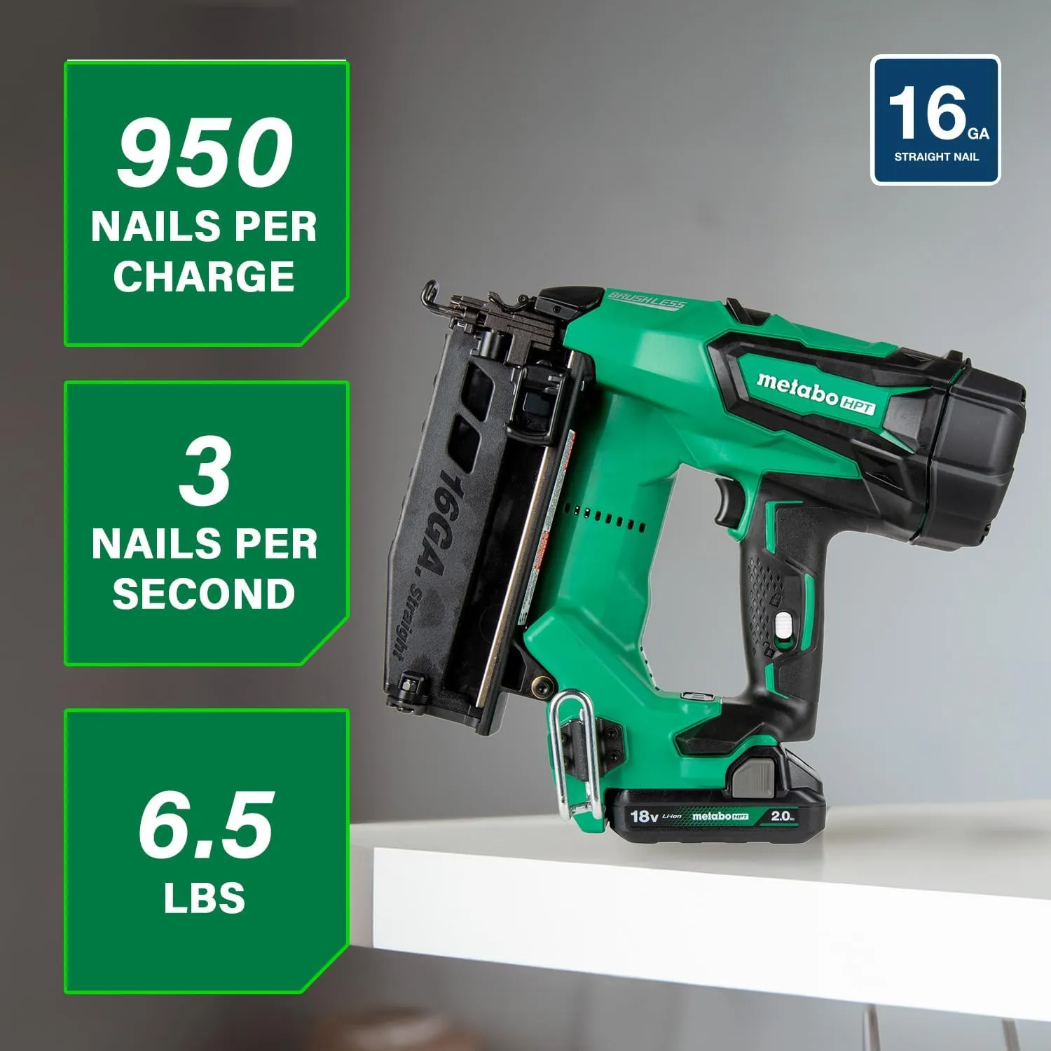 Metabo HPT 18V MultiVolt™ Straight Cordless Finish Nailer Kit, 16 Gauge Finish Nailer, (1) 18V 2.0Ah Lithium Ion Battery w/Fuel Gauge, Accepts Finish Nails, Lifetime Power Tool Warranty, NT1865DMST