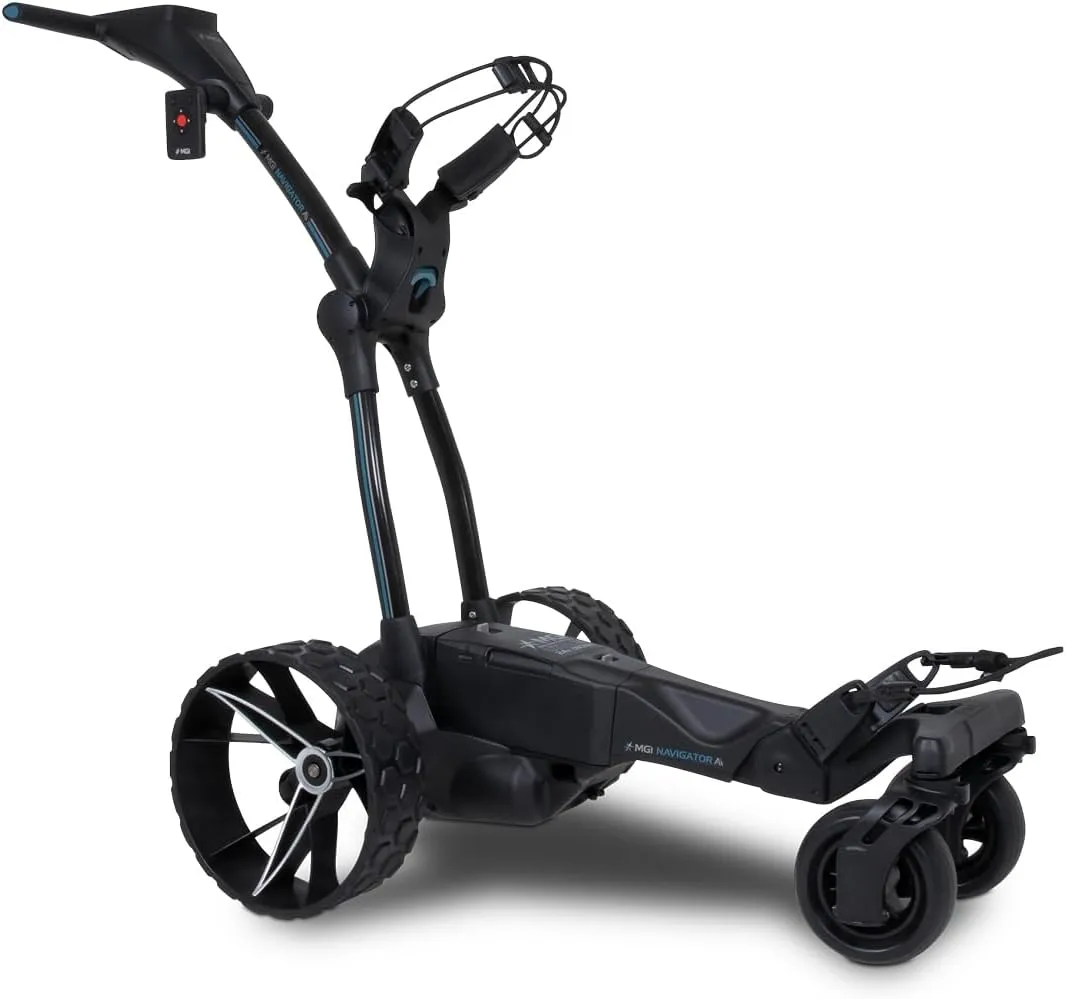 MGI Navigator Ai GPS  Electric Golf Cart - 36 Hole Lithium Battery - Remote Control - Accessories Included (Drink, Umbrella, & GPS Phone Holder), Plastic material, Black