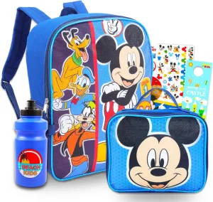 Mickey and Friends Backpack with Lunch Box for Kids Set - Bundle with Mickey Backpack, Mickey Lunch Bag, Tattoos, Water Bottle, More | Mickey Mouse Backpack for Boys, Girls