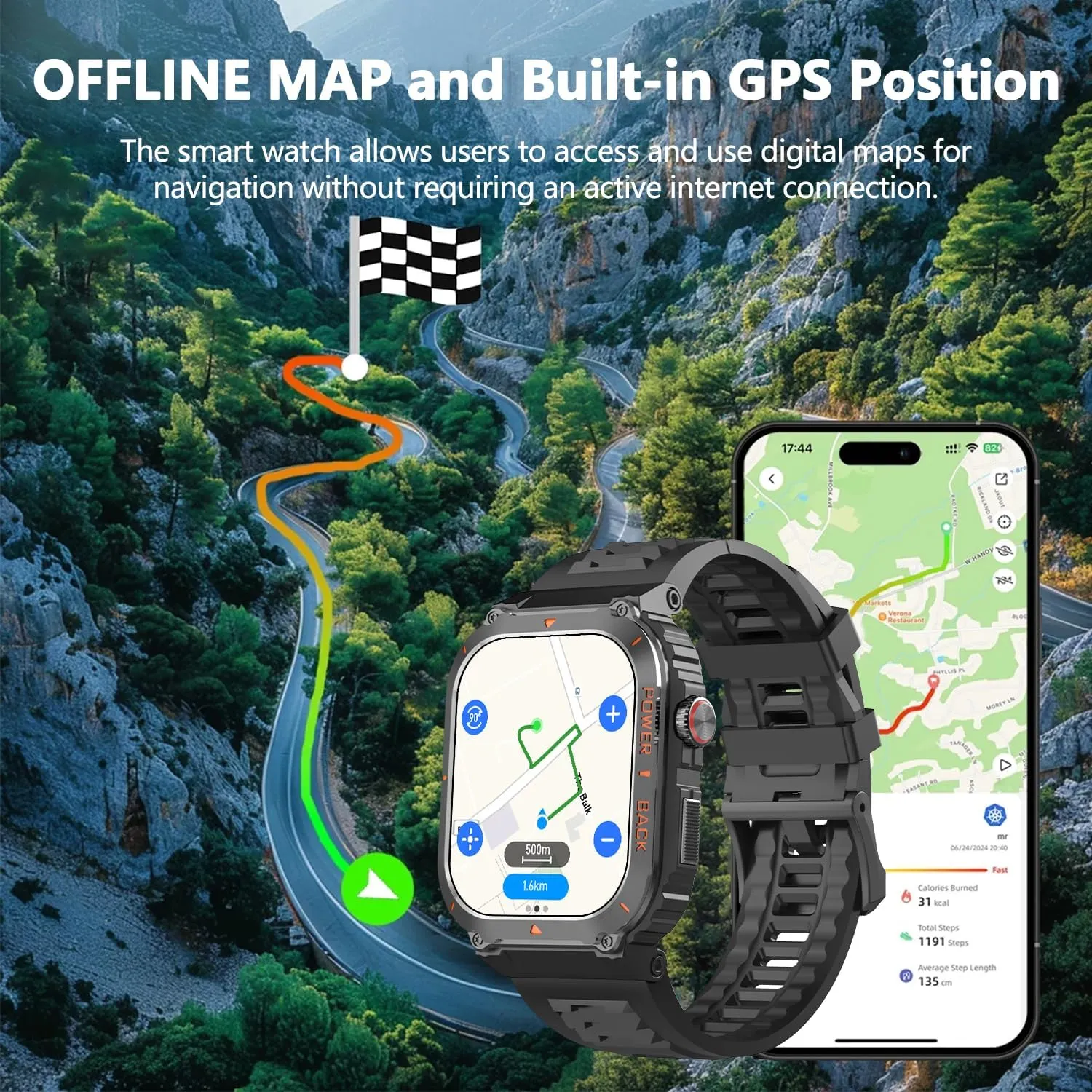 Military GPS Smart Watch for Men with Offline Map/Air Pressure/Altitude/Compass,smart Watch for Android Phones and iPhone,Waterproof Fitness Tracker with Blood Oxygen/Heart Rate/Sleep/100  Sport Modes