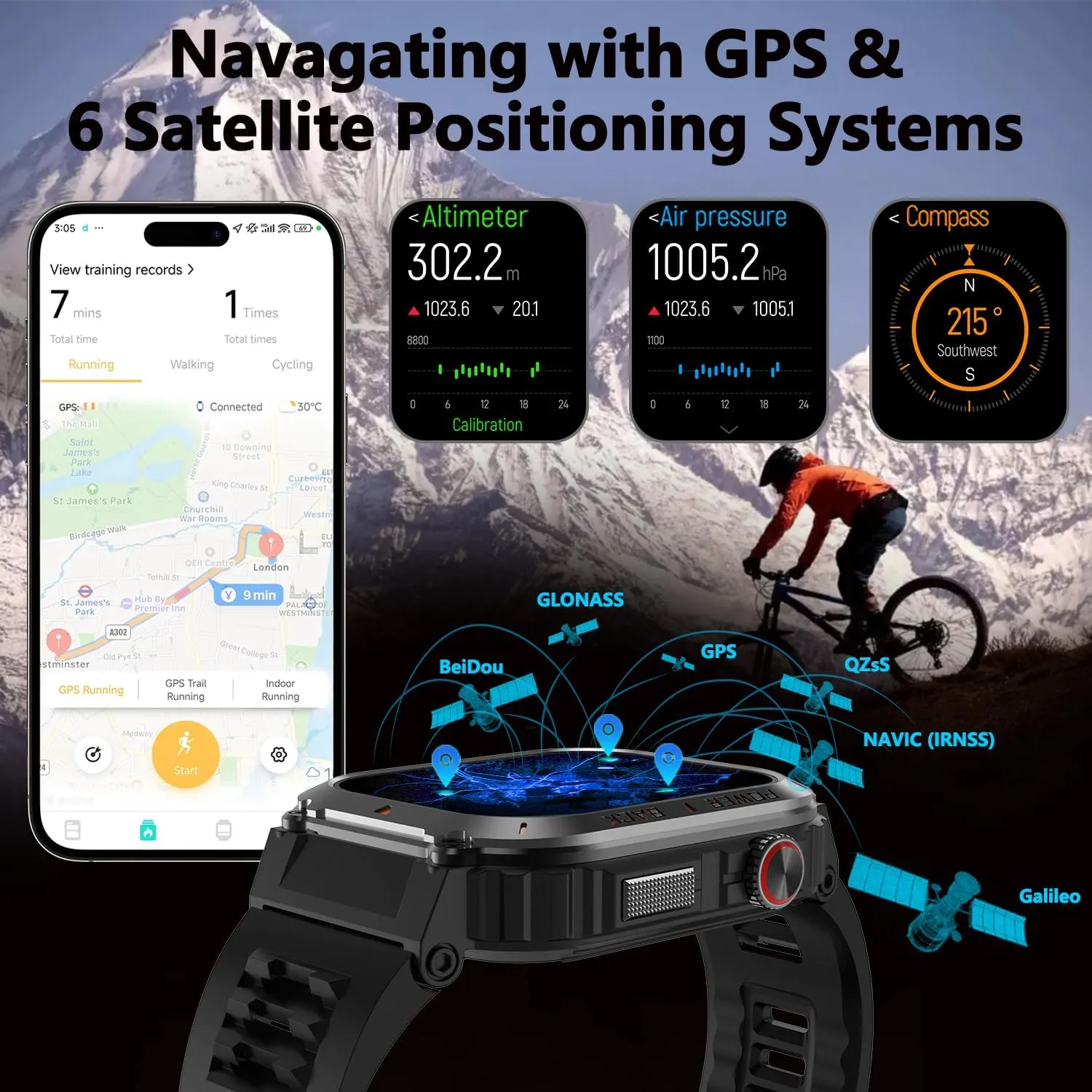 Military GPS Smart Watch for Men with Offline Map/Air Pressure/Altitude/Compass,smart Watch for Android Phones and iPhone,Waterproof Fitness Tracker with Blood Oxygen/Heart Rate/Sleep/100  Sport Modes