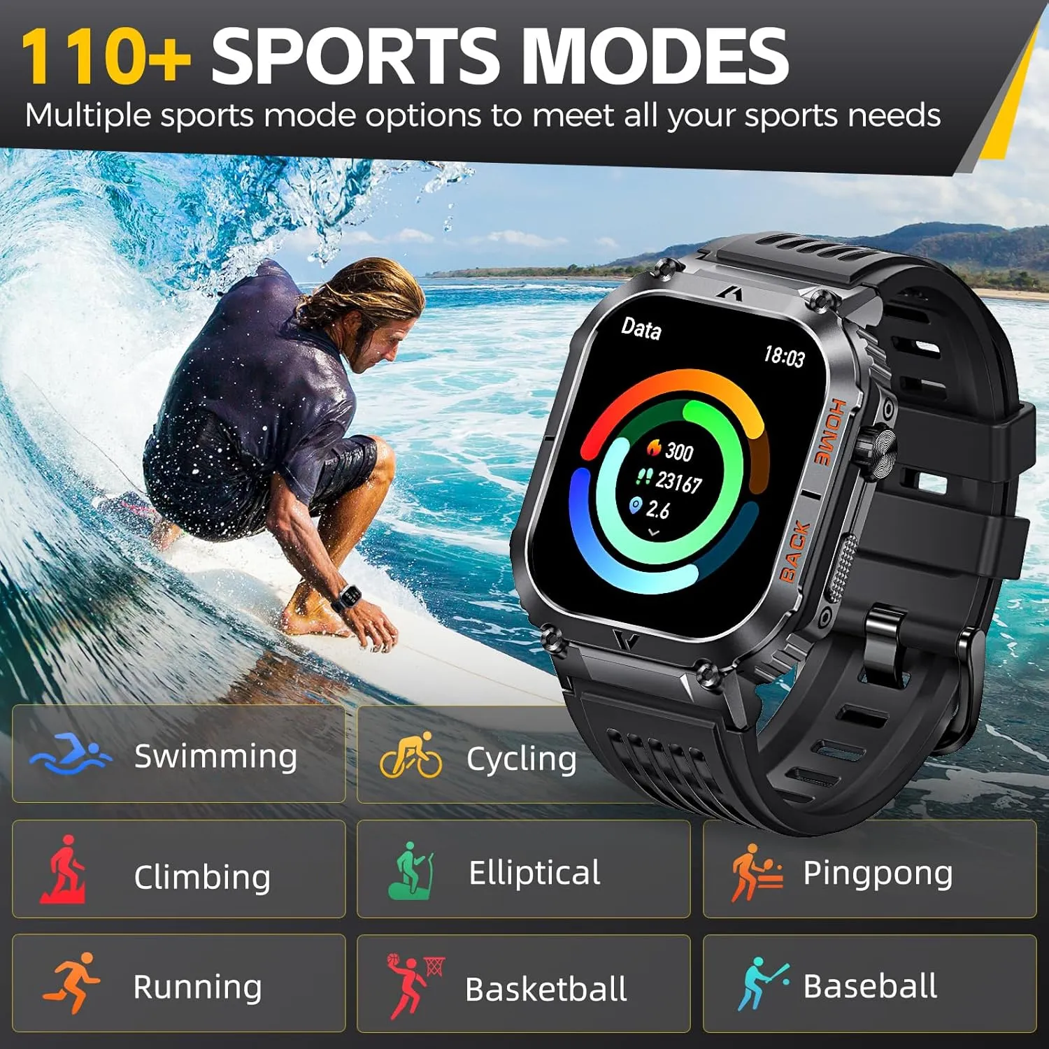 Military Smart Watch for Men 5ATM Waterproof with Call 2.02" Large Screen Rugged Outdoor Tactical Smartwatch with Compass Fitness Watch with Heart Rate Blood Pressure Monitor for iPhone Android Phone