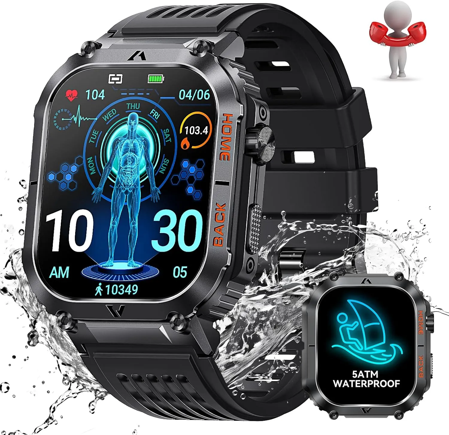 Military Smart Watch for Men 5ATM Waterproof with Call 2.02" Large Screen Rugged Outdoor Tactical Smartwatch with Compass Fitness Watch with Heart Rate Blood Pressure Monitor for iPhone Android Phone