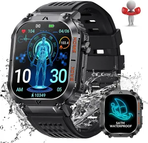 Military Smart Watch for Men 5ATM Waterproof with Call 2.02" Large Screen Rugged Outdoor Tactical Smartwatch with Compass Fitness Watch with Heart Rate Blood Pressure Monitor for iPhone Android Phone