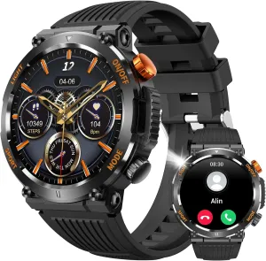 Military Smart Watch for Men Answer/Make Call, Outdoor Waterproof Tactical Sports Smartwatch with LED Flashlight Compass, Heart Rate Sleep Monitor Fitness Tracker Watches for iPhone Android Phone