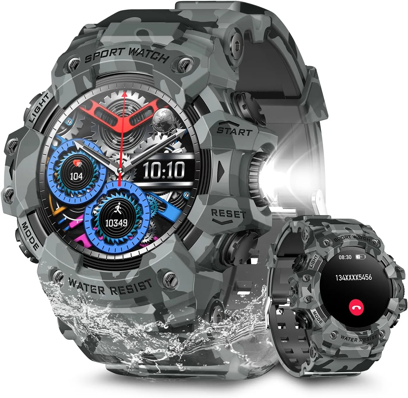 Military Smart Watch for Men (Answer/Make Call), Smart Watch with Flashlight for Android and iPhone, Waterproof Outdoor Smartwatch with Blood Oxygen/Heart Rate/Sleep/100  Sport Modes (Gray)