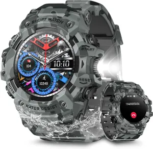 Military Smart Watch for Men (Answer/Make Call), Smart Watch with Flashlight for Android and iPhone, Waterproof Outdoor Smartwatch with Blood Oxygen/Heart Rate/Sleep/100  Sport Modes (Gray)