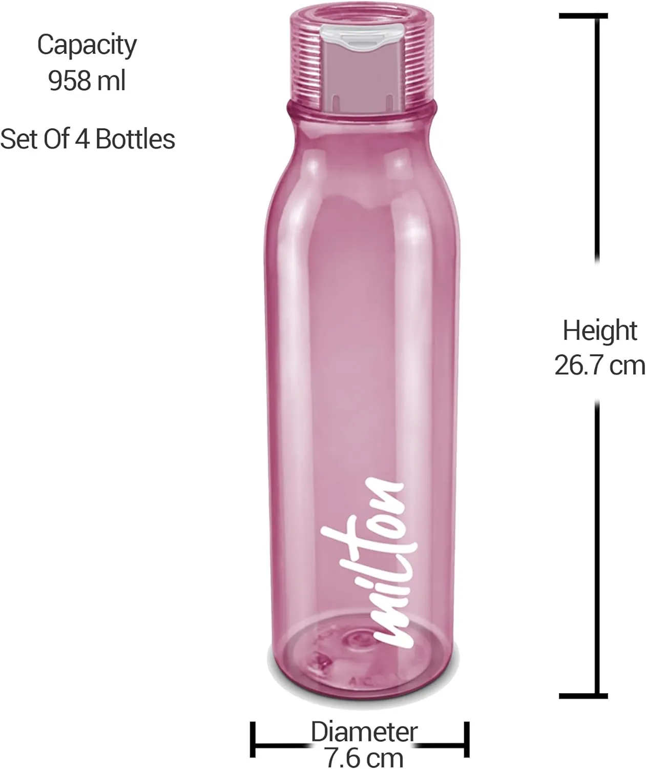 MILTON Name Tag Pet Water Bottle, Set of 4, 1 Litre Each, Burgundy, Reusable Plastic Fridge Bottle, BPA Free and Leak Proof Bottles for Travel, Work