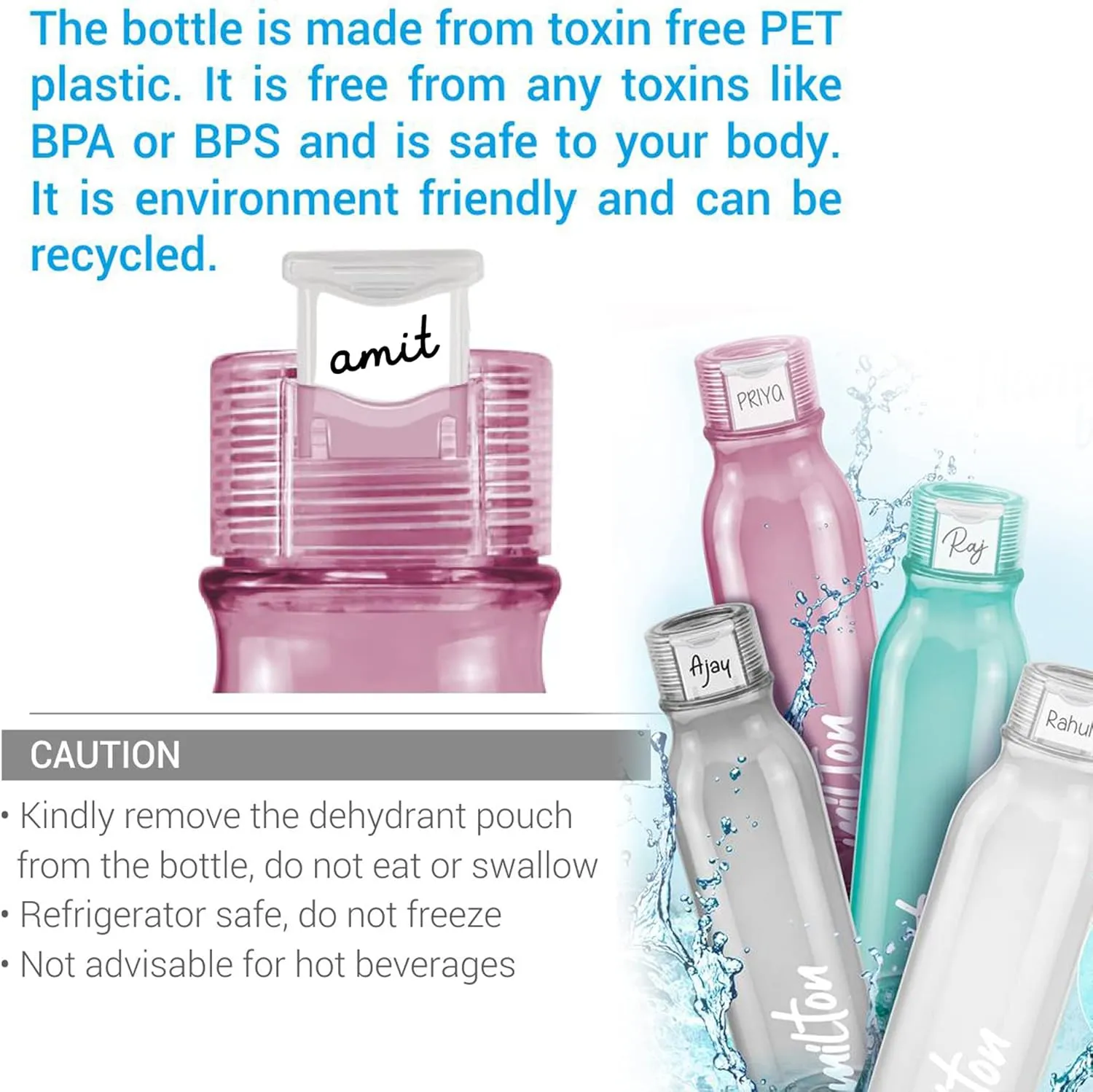 MILTON Name Tag Pet Water Bottle, Set of 4, 1 Litre Each, Burgundy, Reusable Plastic Fridge Bottle, BPA Free and Leak Proof Bottles for Travel, Work