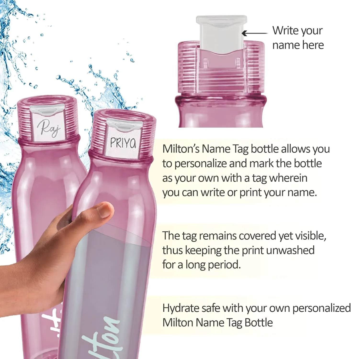 MILTON Name Tag Pet Water Bottle, Set of 4, 1 Litre Each, Burgundy, Reusable Plastic Fridge Bottle, BPA Free and Leak Proof Bottles for Travel, Work