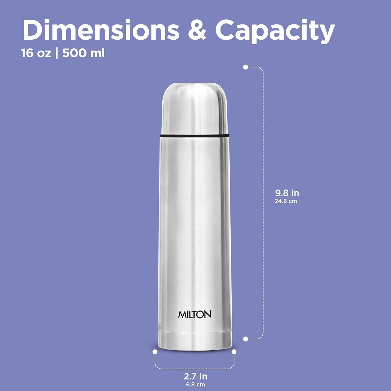 Milton Vacuum Flask for Hot Drink 500 ml (16 oz), Stainless Steel Double Walled Insulated Water Bottle for 24 Hour Hot and Cold Drinks, Leak proof, BPA Free, Thermosteel Flip Lid Set of -2