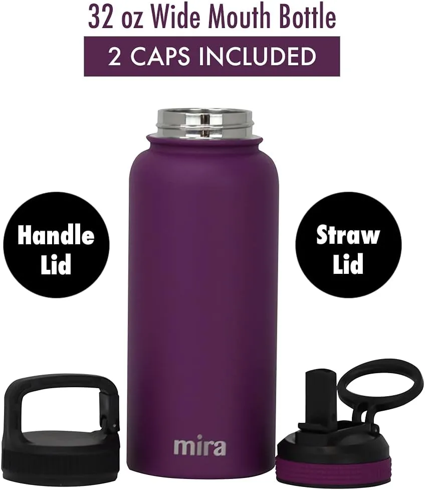 MIRA 32 oz Insulated Water Bottle - Stainless Steel Sports Flask with 2 Lids (Straw & Handle) - Cold Drink Thermos - Iris