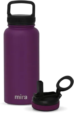 MIRA 32 oz Insulated Water Bottle - Stainless Steel Sports Flask with 2 Lids (Straw & Handle) - Cold Drink Thermos - Iris
