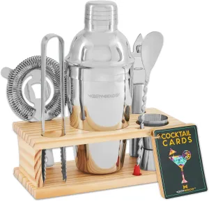 Modern Mixology Bartender Kit - 8-Piece Cocktail Shaker Set with Wood Stand, Recipe Cards, and Bar Accessories Ideas (Silver)