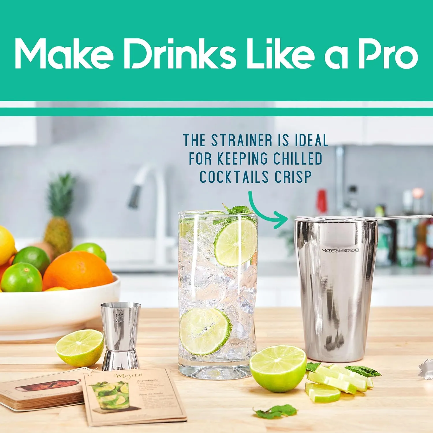 Modern Mixology Bartender Kit - 8-Piece Cocktail Shaker Set with Wood Stand, Recipe Cards, and Bar Accessories Ideas (Silver)