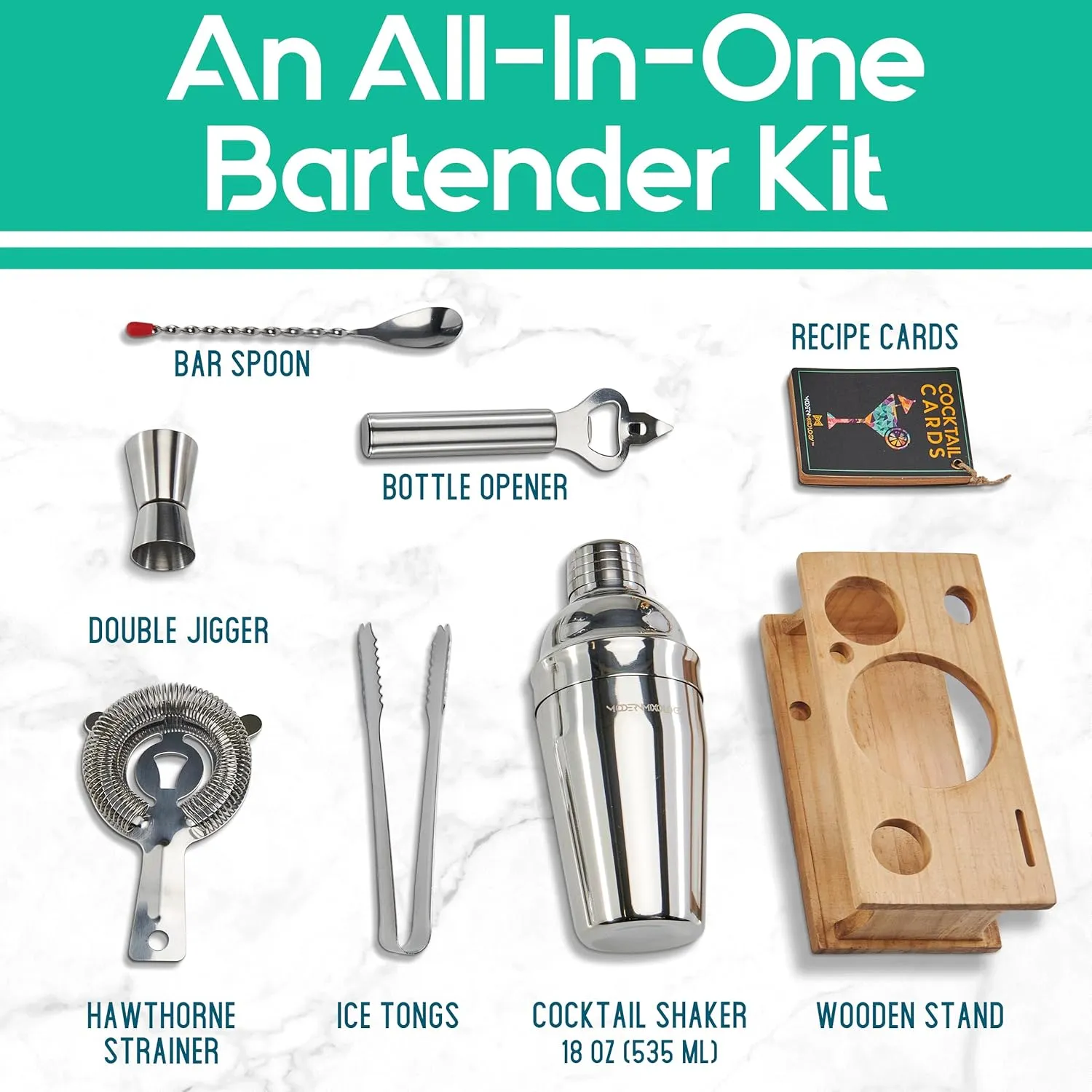 Modern Mixology Bartender Kit - 8-Piece Cocktail Shaker Set with Wood Stand, Recipe Cards, and Bar Accessories Ideas (Silver)