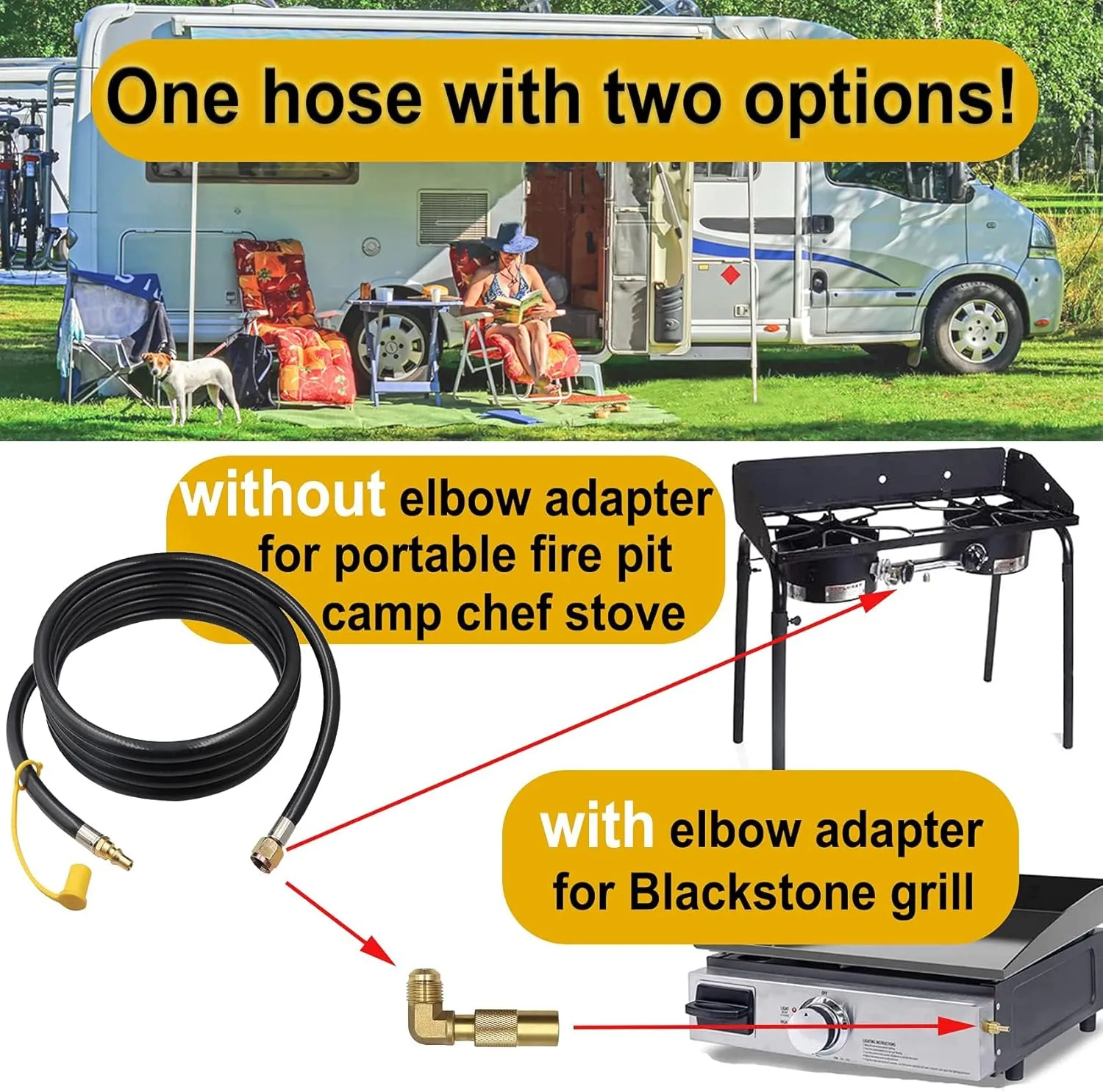 Monkemon 12FT Propane Quick Connect Hose RV to Grill, Low Pressure Propane Elbow Adapter with Extension Hose for Blackstone 17" and 22" Griddle, For Camp Chef Stove Portable Fire Pit