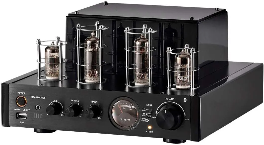 Monoprice Stereo Hybrid Tube Amplifier 2019 Edition, 25 Watt with Bluetooth 2.1   EDR, Wired RCA, Optical, Coaxial, and USB Connections, and Subwoofer Out