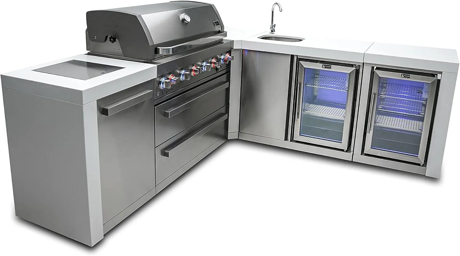 Mont Alpi MAi805-D90BEVFC 44-inch 6-Burner 115000 BTU 90 Degree Corner Deluxe Stainless Steel Gas Outdoor Kitchen Barbecue Island Grill   Lockable Compact Refrigerator   Faucet & Sink   Rotisserie Kit