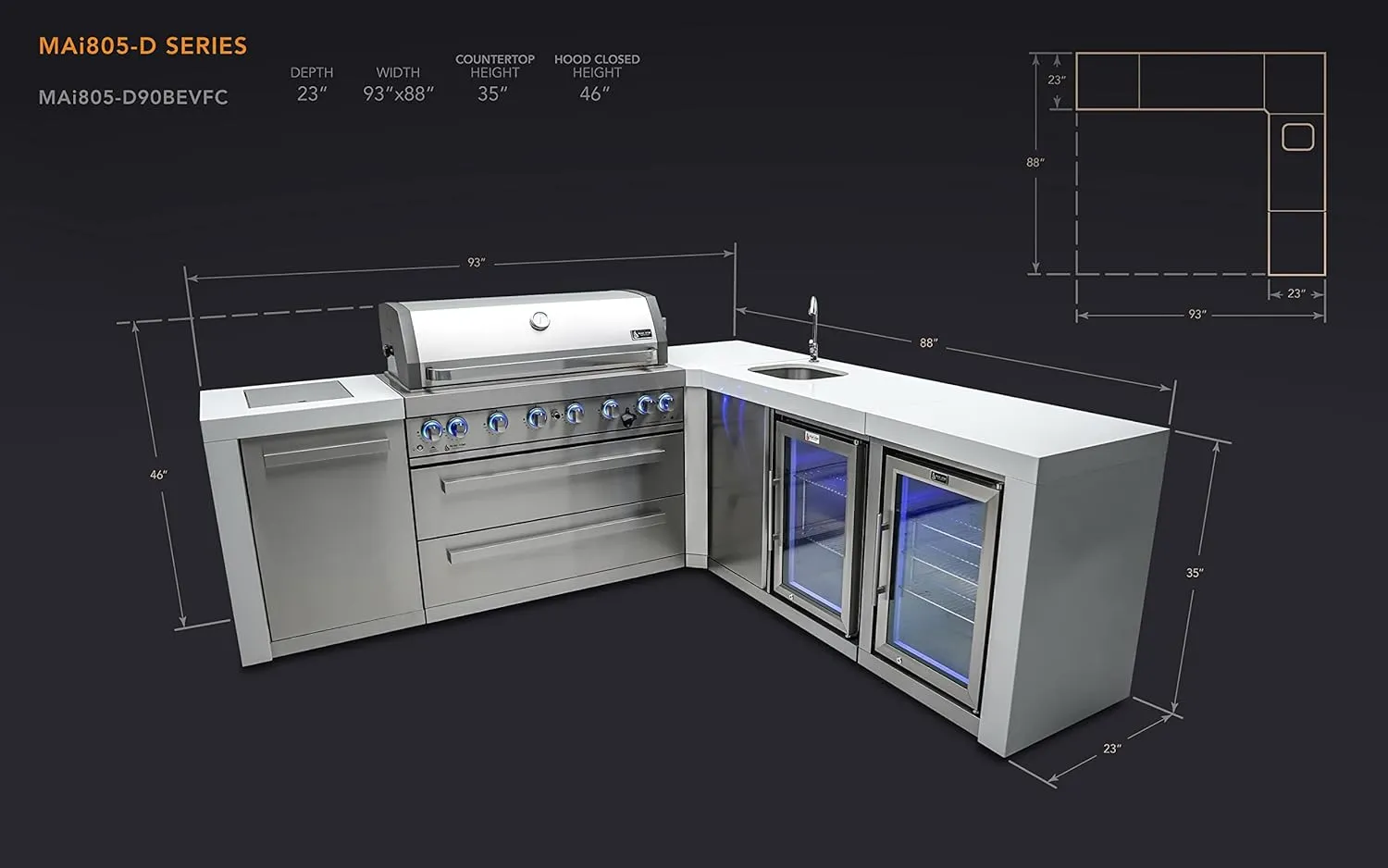 Mont Alpi MAi805-D90BEVFC 44-inch 6-Burner 115000 BTU 90 Degree Corner Deluxe Stainless Steel Gas Outdoor Kitchen Barbecue Island Grill   Lockable Compact Refrigerator   Faucet & Sink   Rotisserie Kit
