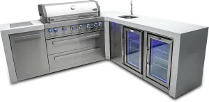 Mont Alpi MAi805-D90BEVFC 44-inch 6-Burner 115000 BTU 90 Degree Corner Deluxe Stainless Steel Gas Outdoor Kitchen Barbecue Island Grill   Lockable Compact Refrigerator   Faucet & Sink   Rotisserie Kit