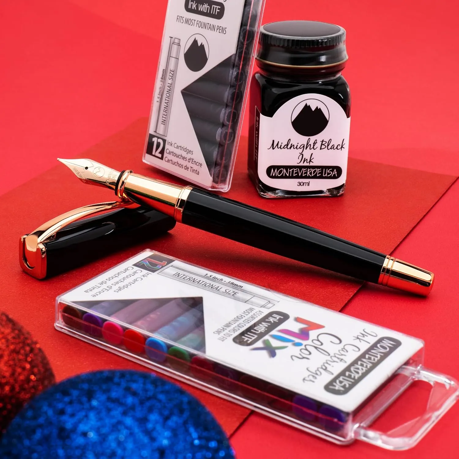 Monteverde USA Impressa Fountain Pen - Black & 24K Gilded Rose Gold Pen, 24K Gilded Gold Omniflex Nib, Free Ink Bottle, Free 24 Cartridges, Luxury Writing Experience, Elegant Executive Gift Set