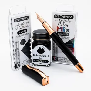 Monteverde USA Impressa Fountain Pen - Black & 24K Gilded Rose Gold Pen, 24K Gilded Gold Omniflex Nib, Free Ink Bottle, Free 24 Cartridges, Luxury Writing Experience, Elegant Executive Gift Set