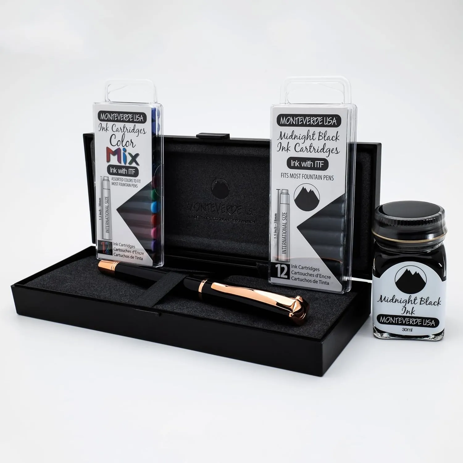 Monteverde USA Impressa Fountain Pen - Black & 24K Gilded Rose Gold Pen, 24K Gilded Gold Omniflex Nib, Free Ink Bottle, Free 24 Cartridges, Luxury Writing Experience, Elegant Executive Gift Set