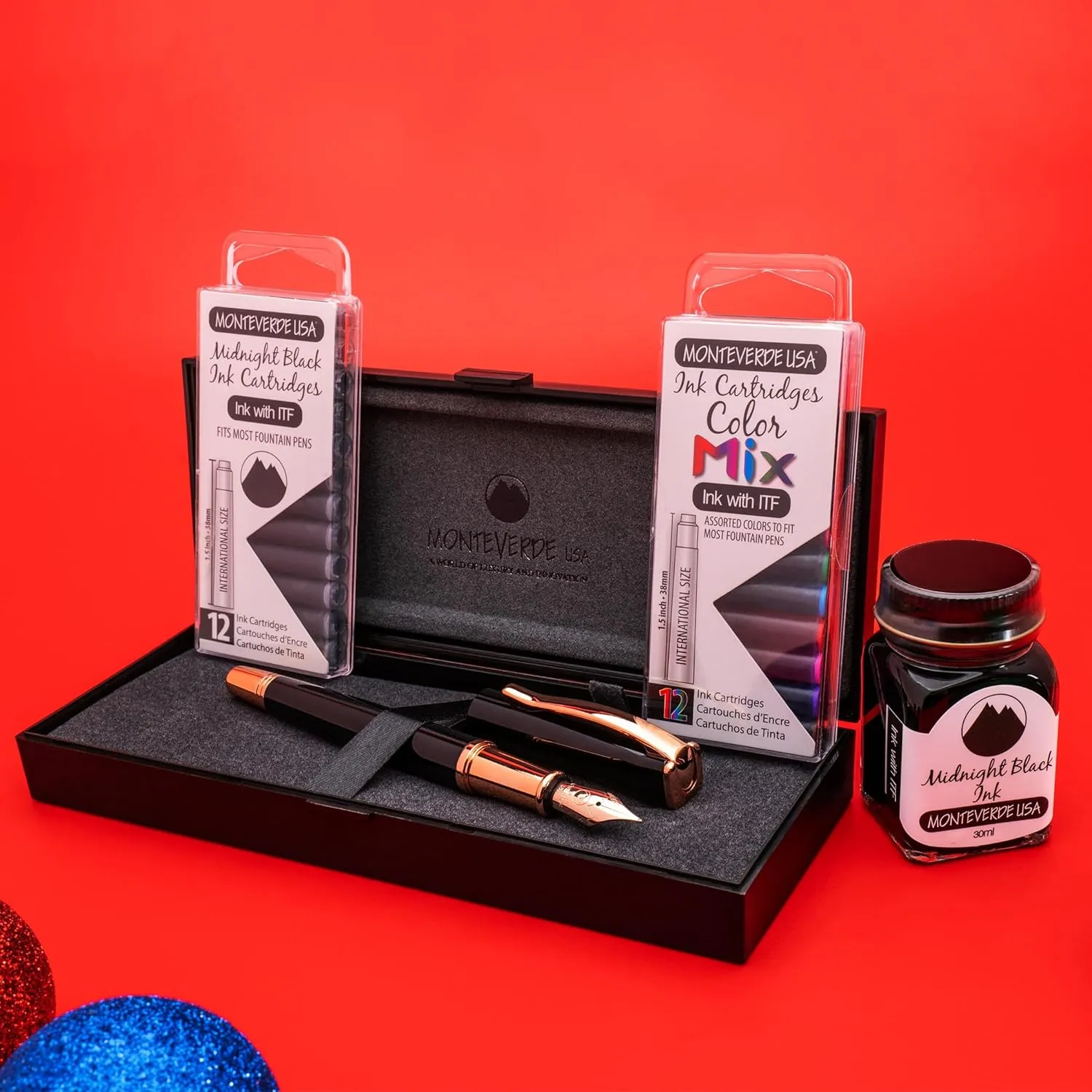 Monteverde USA Impressa Fountain Pen - Black & 24K Gilded Rose Gold Pen, 24K Gilded Gold Omniflex Nib, Free Ink Bottle, Free 24 Cartridges, Luxury Writing Experience, Elegant Executive Gift Set