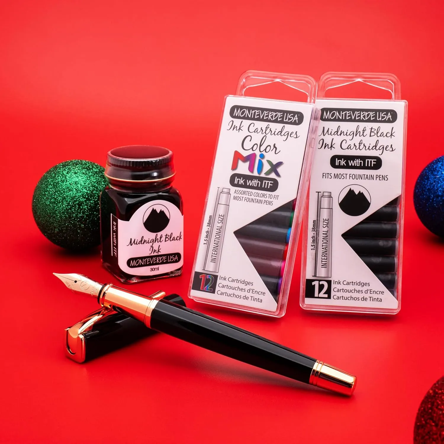 Monteverde USA Impressa Fountain Pen - Black & 24K Gilded Rose Gold Pen, 24K Gilded Gold Omniflex Nib, Free Ink Bottle, Free 24 Cartridges, Luxury Writing Experience, Elegant Executive Gift Set