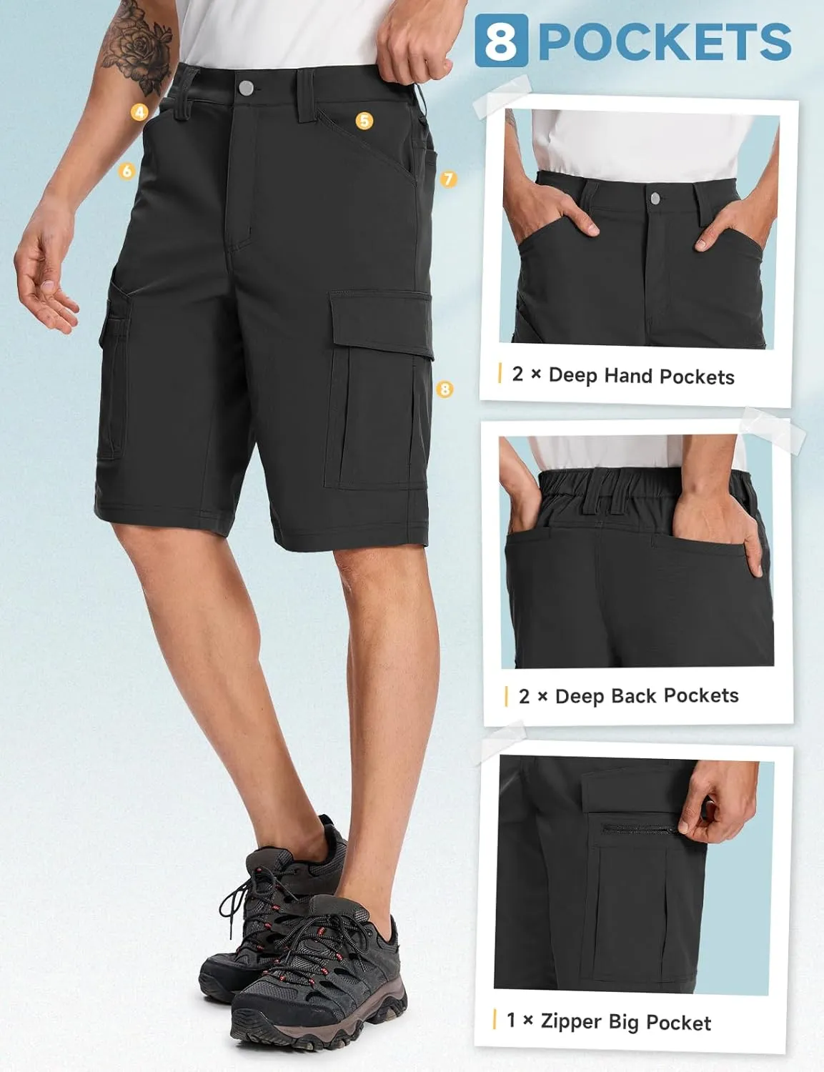 Moosehill Mens-Hiking-Shorts Cargo Lightweight Water Resistant Quick Dry Big & Tall with 8 Pockets for Tactical Work