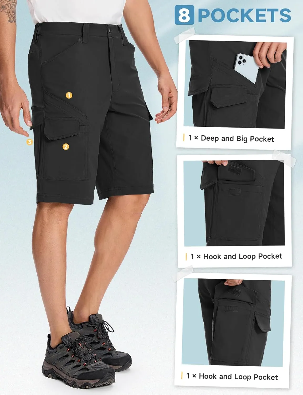 Moosehill Mens-Hiking-Shorts Cargo Lightweight Water Resistant Quick Dry Big & Tall with 8 Pockets for Tactical Work
