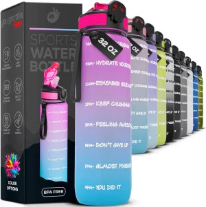 Motivational Water Bottle with Time Marker, 32 oz Water Bottle, Sports Water Bottle with Spout, Achieve All-Day Hydration SpillProof, BPA FREE