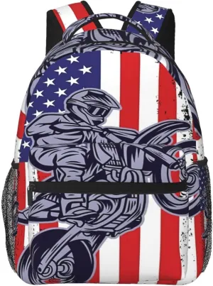 Motocross Dirt Bike American Flag Backpacks 15in Laptop Backpack Multipurpose Double Shoulder Bag For Men Women Gifts