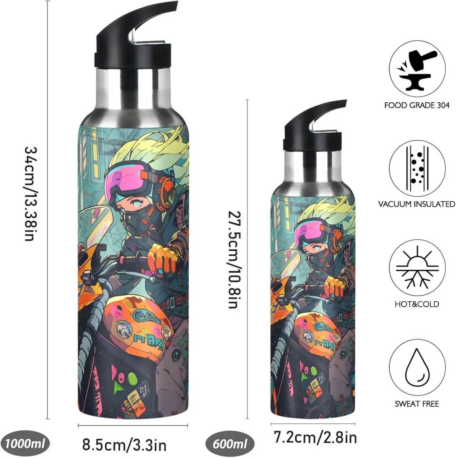 Motorcycle Girl Fashion Print Sports Bottle with Straw and Carry Loop for Gym, Camping, Workout, and Outdoors，Insulated Water Bottle Jug for All Day Hydration