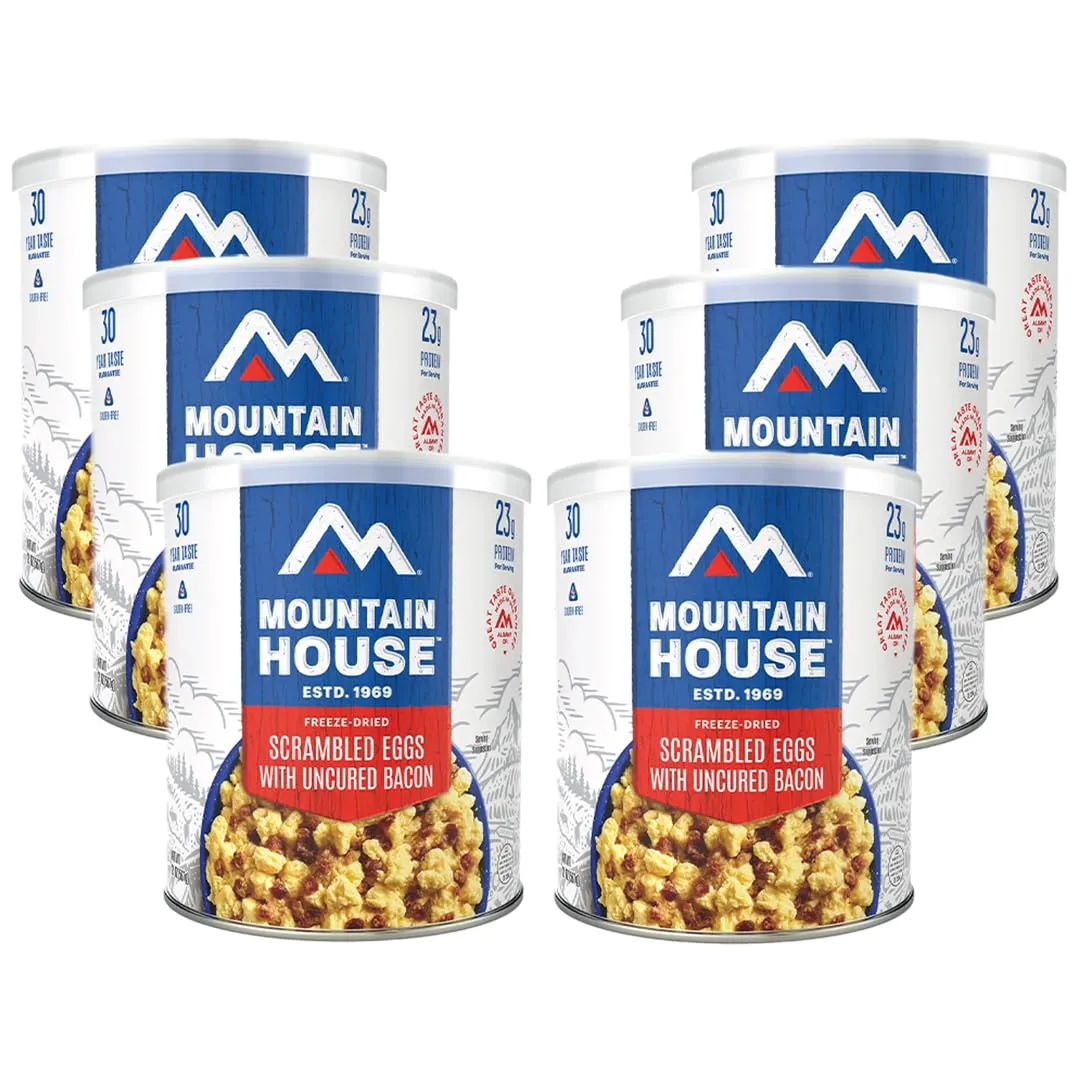 Mountain House Freeze Dried Scrambled Eggs with Bacon #10 Can Hunting, Camping, Backpacking Food Backed by a 30-Year Taste Guarantee Survival and Emergency Ready to Eat Food Gluten Free 6 Cans