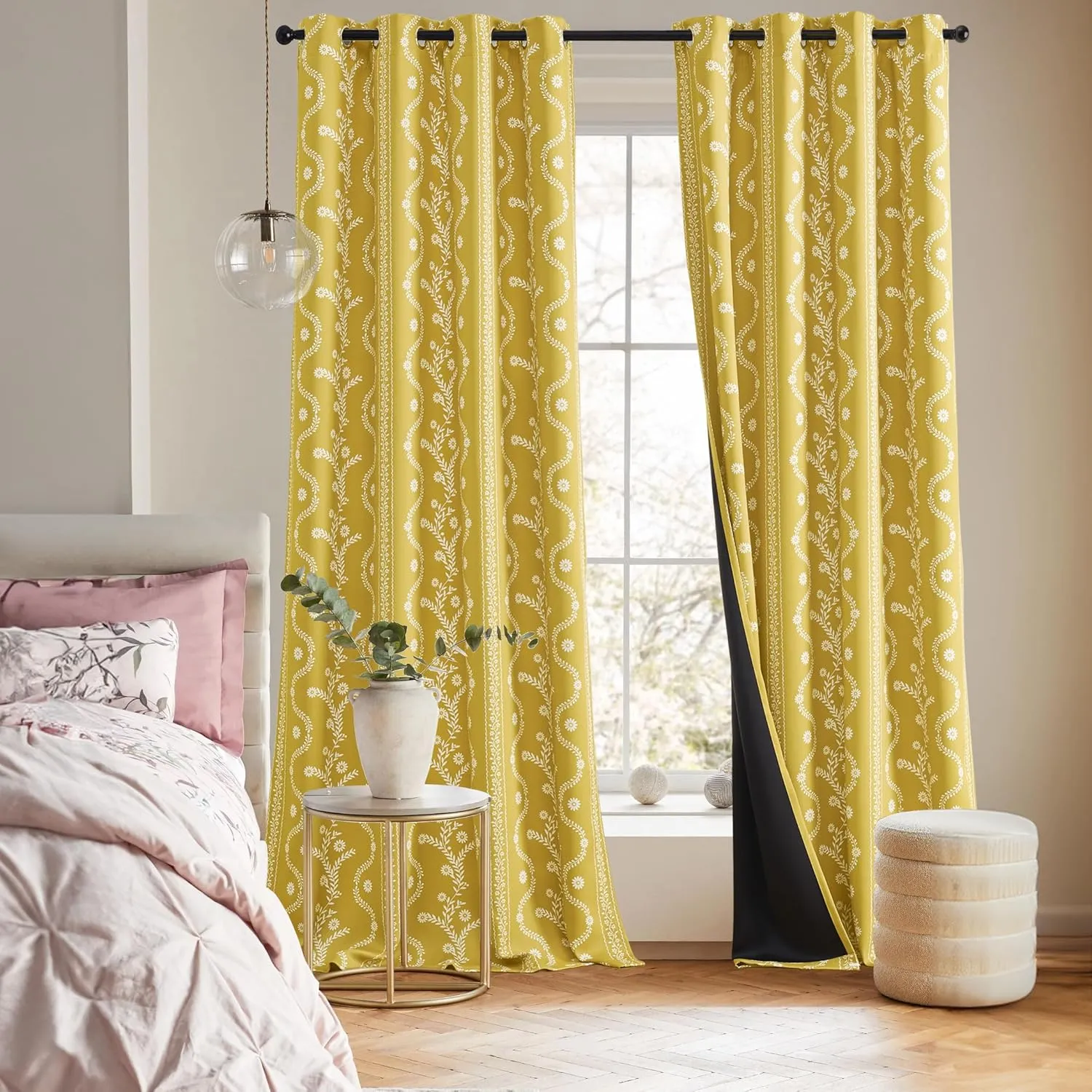 Mustard Yellow Curtains & Drapes 84 Inches Long 2 Panels for Living Room 100% Blackout Magritte Printed Floral Curtains Yellow