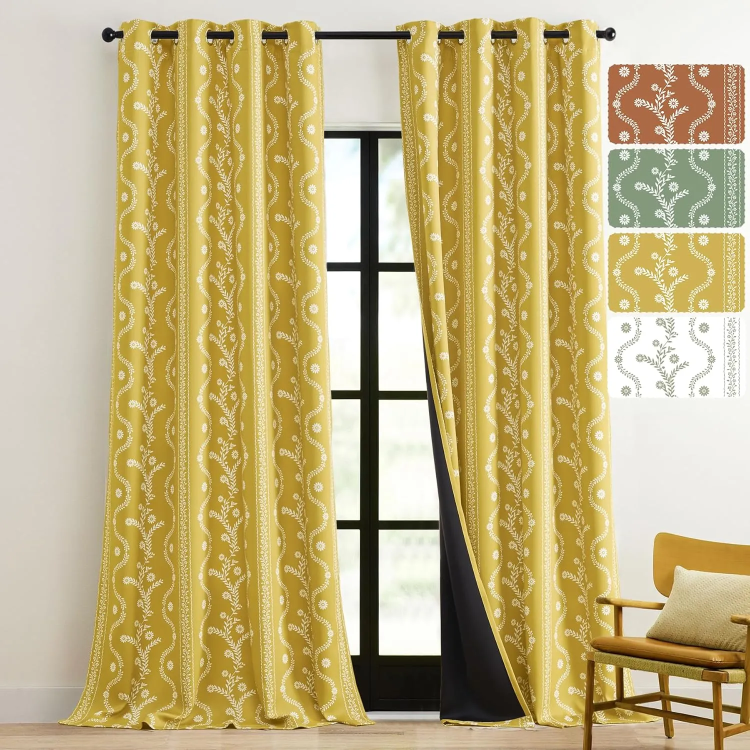 Mustard Yellow Curtains & Drapes 84 Inches Long 2 Panels for Living Room 100% Blackout Magritte Printed Floral Curtains Yellow