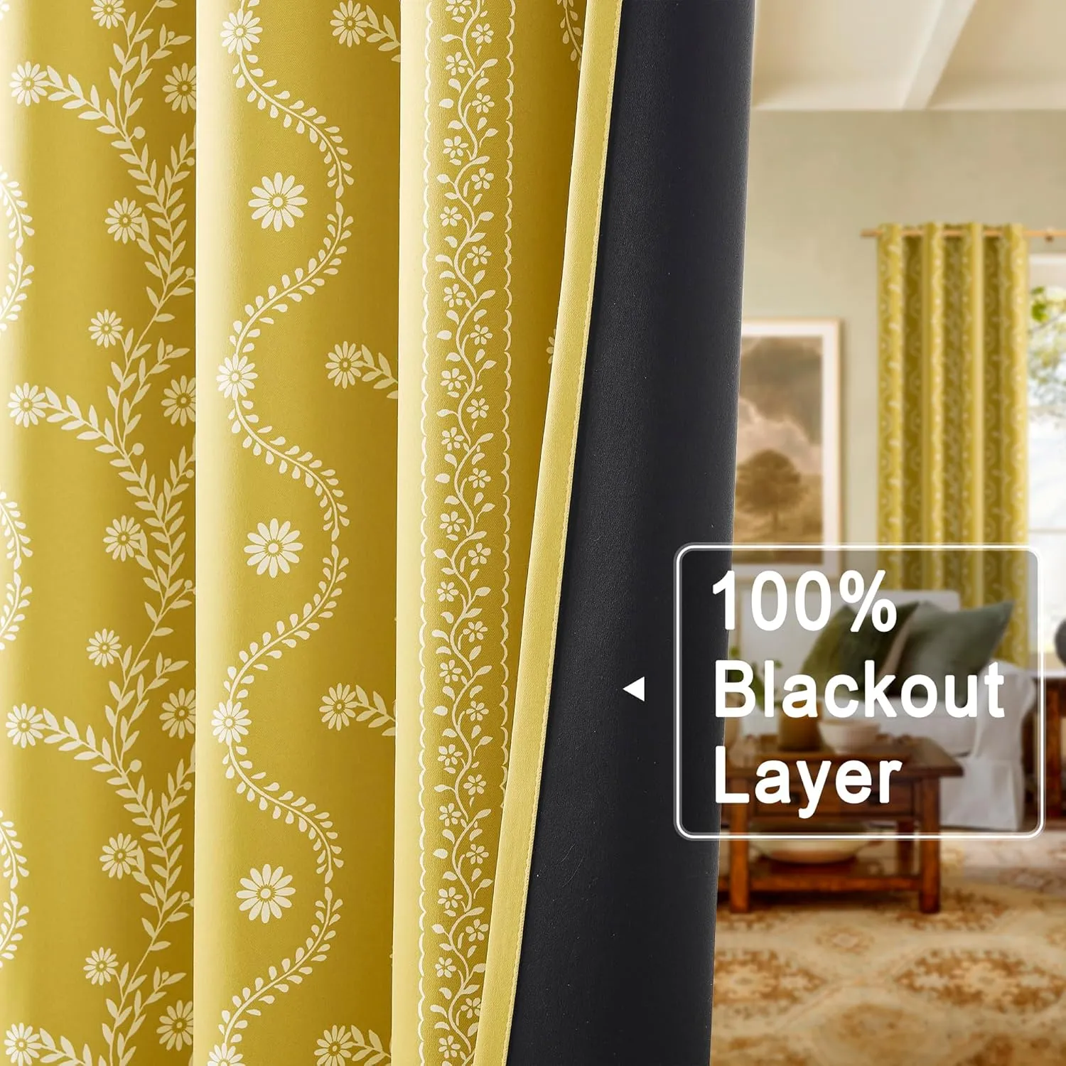 Mustard Yellow Curtains & Drapes 84 Inches Long 2 Panels for Living Room 100% Blackout Magritte Printed Floral Curtains Yellow