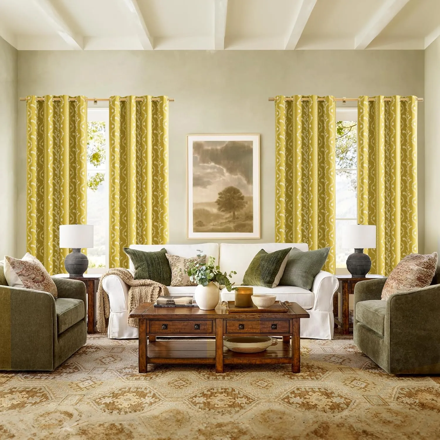 Mustard Yellow Curtains & Drapes 84 Inches Long 2 Panels for Living Room 100% Blackout Magritte Printed Floral Curtains Yellow