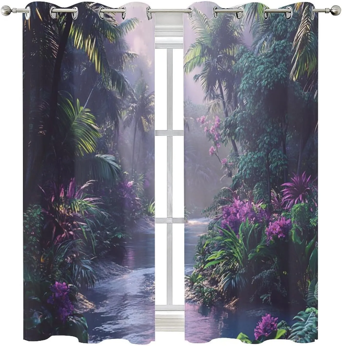 Mystical Jungle Stream Grommet Blackout Curtains for Bedroom, Tropical Palm Tree Floral Thermal Insulated Curtains Room Darkening Window Drapes, 31.5W x 63L, 2 Panels