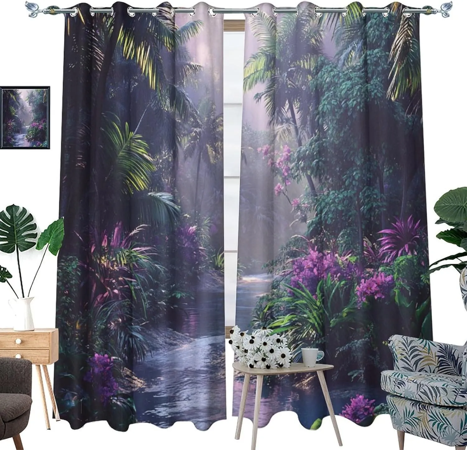 Mystical Jungle Stream Grommet Blackout Curtains for Bedroom, Tropical Palm Tree Floral Thermal Insulated Curtains Room Darkening Window Drapes, 31.5W x 63L, 2 Panels