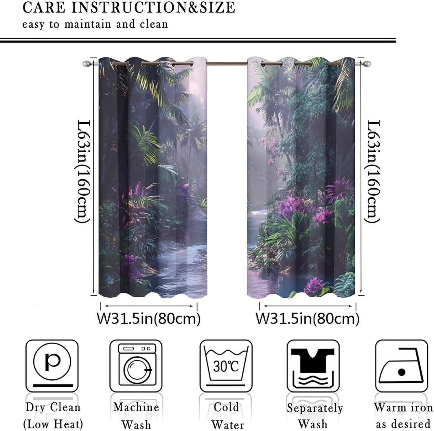 Mystical Jungle Stream Grommet Blackout Curtains for Bedroom, Tropical Palm Tree Floral Thermal Insulated Curtains Room Darkening Window Drapes, 31.5W x 63L, 2 Panels