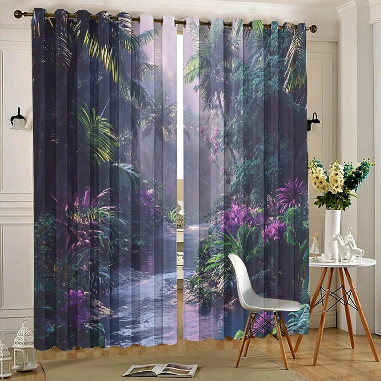 Mystical Jungle Stream Grommet Blackout Curtains for Bedroom, Tropical Palm Tree Floral Thermal Insulated Curtains Room Darkening Window Drapes, 31.5W x 63L, 2 Panels