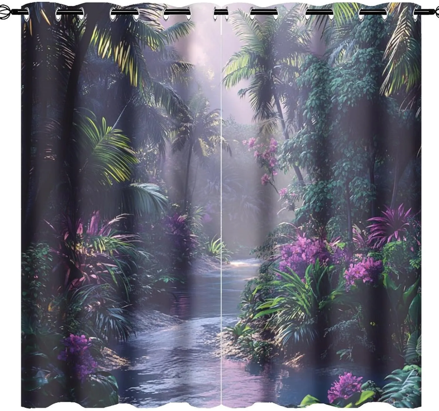Mystical Jungle Stream Grommet Blackout Curtains for Bedroom, Tropical Palm Tree Floral Thermal Insulated Curtains Room Darkening Window Drapes, 31.5W x 63L, 2 Panels