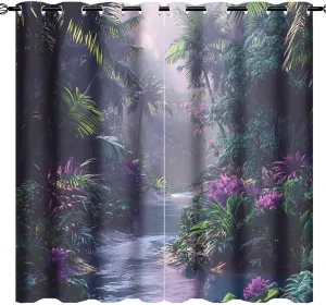 Mystical Jungle Stream Grommet Blackout Curtains for Bedroom, Tropical Palm Tree Floral Thermal Insulated Curtains Room Darkening Window Drapes, 31.5W x 63L, 2 Panels