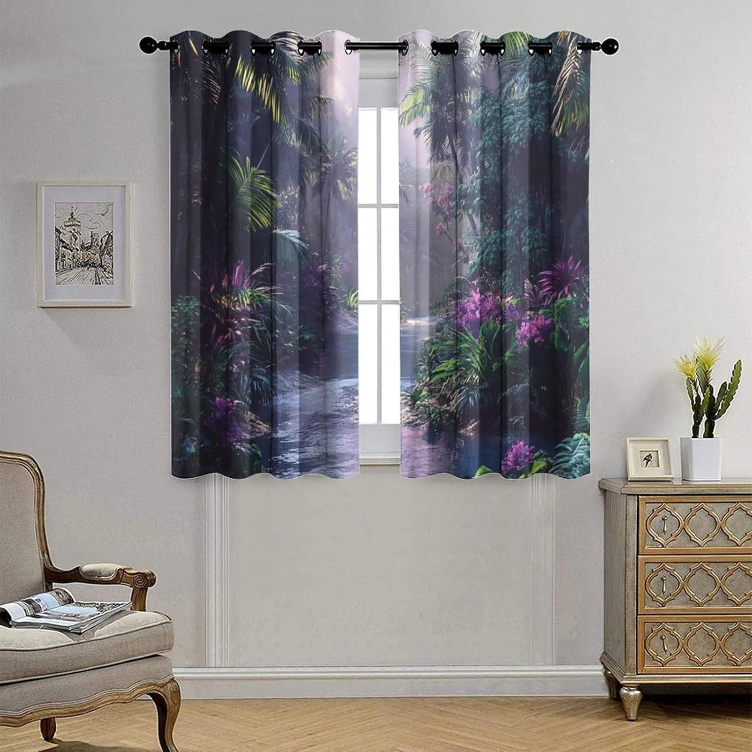 Mystical Jungle Stream Grommet Blackout Curtains for Bedroom, Tropical Palm Tree Floral Thermal Insulated Curtains Room Darkening Window Drapes, 31.5W x 63L, 2 Panels