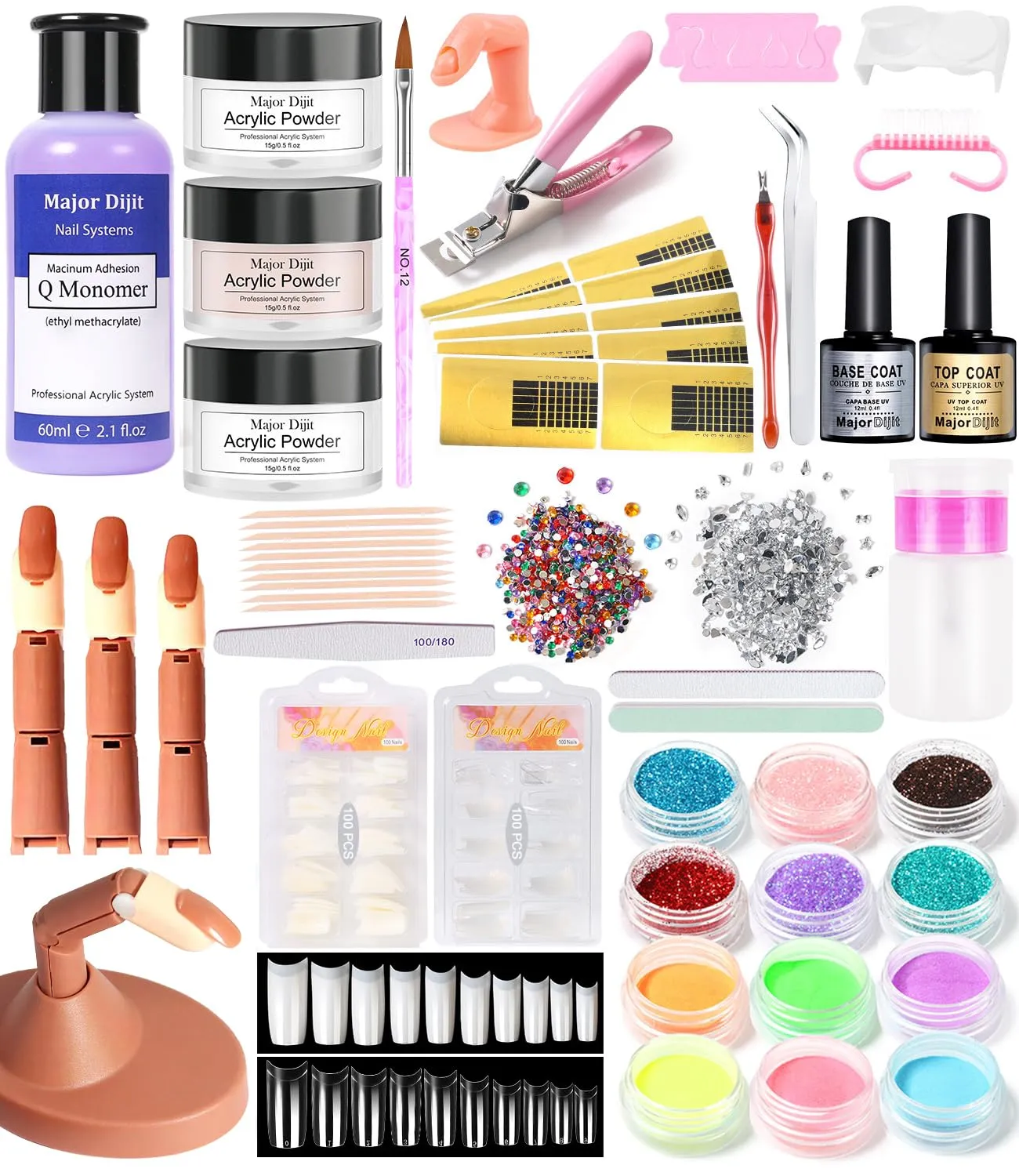 Nail Practice Hand for Acrylic Nail Kit Included 60ml Monomer, 3 Acrylic Powders, Base & Top Coat, Practice Hand, Tools, Glitters, Tips (Clear)