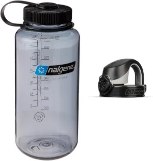 Nalgene Sustain Tritan BPA-Free Water Bottle Made with Material Derived From 50% Plastic Waste, 32 OZ, Wide Mouth, Gray w/Black Lid & On The Fly Bottle Replacement Lid (Black/Gray), 22oz